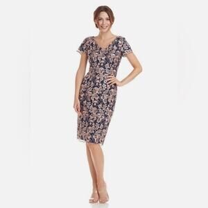 JS Collections Floral Embroidery Short Sleeve V-Neck Cocktail Dress Size 6